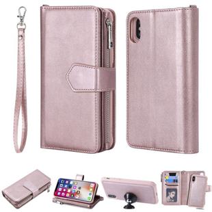 For iPhone X / XS 2 in 1 Solid Color Zipper Shockproof Protective Case with Card Slots & Bracket & Photo Holder & Wallet Function(Rose Gold)