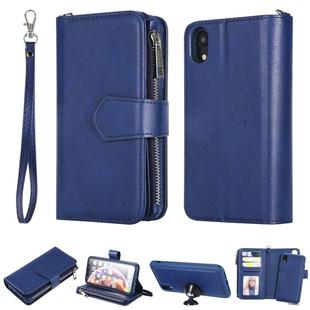For iPhone XR 2 in 1 Solid Color Zipper Shockproof Protective Case with Card Slots & Bracket & Photo Holder & Wallet Function(Blue)