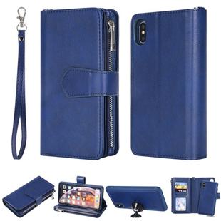 For iPhone XS Max 2 in 1 Solid Color Zipper Shockproof Protective Case with Card Slots & Bracket & Photo Holder & Wallet Function(Blue)