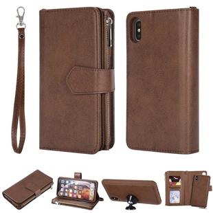 For iPhone XS Max 2 in 1 Solid Color Zipper Shockproof Protective Case with Card Slots & Bracket & Photo Holder & Wallet Function(Brown)