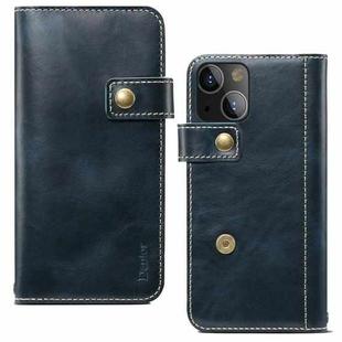 For iPhone 13 Denior Oil Wax Cowhide DK Magnetic Button Leather Phone Case(Dark Blue)