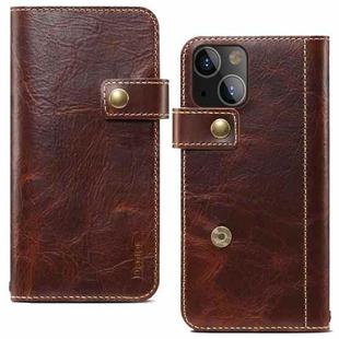 For iPhone 14 Denior Oil Wax Cowhide DK Magnetic Button Leather Phone Case(Brown)