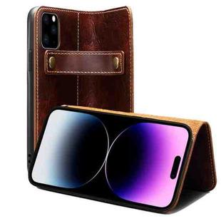 For iPhone 14 Pro Denior Oil Wax Cowhide DK Magnetic Button Leather Phone Case(Brown)