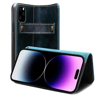 For iPhone 14 Pro Denior Oil Wax Cowhide DK Magnetic Button Leather Phone Case(Dark Blue)