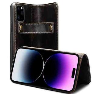 For iPhone 14 Pro Max Denior Oil Wax Cowhide DK Magnetic Button Leather Phone Case(Black)