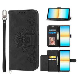 For Sony Xperia 5 IV Skin-feel Flowers Embossed Wallet Leather Phone Case(Black)
