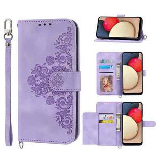 For Sharp Simple Sumaho 5 Skin-feel Flowers Embossed Wallet Leather Phone Case(Purple)