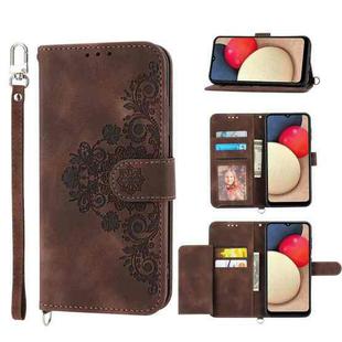 For Sharp Simple Sumaho 5 Skin-feel Flowers Embossed Wallet Leather Phone Case(Brown)