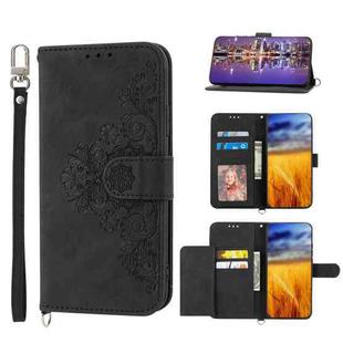 For Sharp Aquos Sense7 Skin-feel Flowers Embossed Wallet Leather Phone Case(Black)