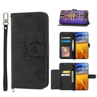 For Xiaomi Poco C40 Skin-feel Flowers Embossed Wallet Leather Phone Case(Black)