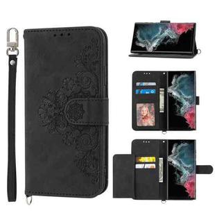 For Samsung Galaxy S23 Ultra 5G Skin-feel Flowers Embossed Wallet Leather Phone Case(Black)