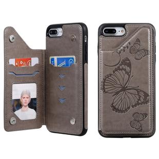 For iPhone 8 Plus & 7 Plus Butterfly Embossing Pattern Shockproof Protective Case with Holder & Card Slots & Photo Frame(Gray)