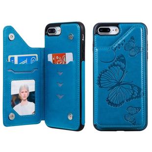 For iPhone 8 Plus & 7 Plus Butterfly Embossing Pattern Shockproof Protective Case with Holder & Card Slots & Photo Frame(Blue)