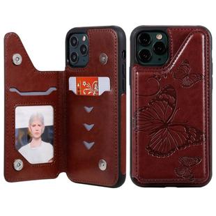 For iPhone 11 Pro Butterfly Embossing Pattern Shockproof Protective Case with Holder & Card Slots & Photo Frame(Brown)