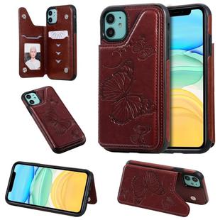 For iPhone 11 Butterfly Embossing Pattern Shockproof Protective Case with Holder & Card Slots & Photo Frame(Brown)