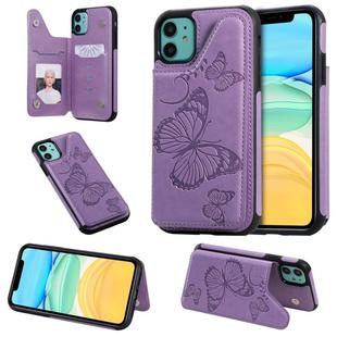 For iPhone 11 Butterfly Embossing Pattern Shockproof Protective Case with Holder & Card Slots & Photo Frame(Purple)