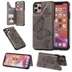 For iPhone 11 Pro Max Butterfly Embossing Pattern Shockproof Protective Case with Holder & Card Slots & Photo Frame(Gray)