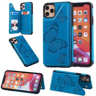 For iPhone 11 Pro Max Butterfly Embossing Pattern Shockproof Protective Case with Holder & Card Slots & Photo Frame(Blue)