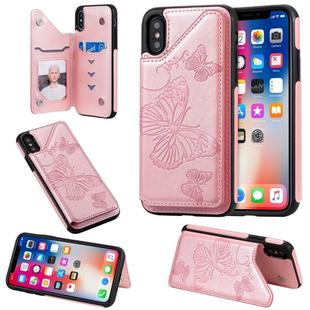 For iPhone X & XS Butterfly Embossing Pattern Shockproof Protective Case with Holder & Card Slots & Photo Frame(Rose Gold)