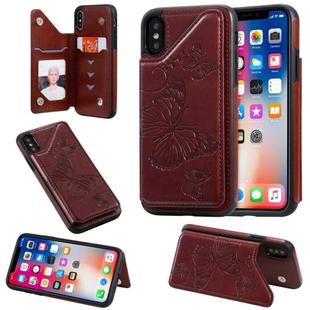 For iPhone X & XS Butterfly Embossing Pattern Shockproof Protective Case with Holder & Card Slots & Photo Frame(Brown)