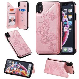 For iPhone XR Butterfly Embossing Pattern Shockproof Protective Case with Holder & Card Slots & Photo Frame(Rose Gold)