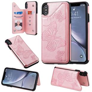 For iPhone XS Max Butterfly Embossing Pattern Shockproof Protective Case with Holder & Card Slots & Photo Frame(Rose Gold)