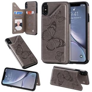 For iPhone XS Max Butterfly Embossing Pattern Shockproof Protective Case with Holder & Card Slots & Photo Frame(Gray)