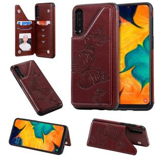 For Galaxy A50 Butterfly Embossing Pattern Shockproof Protective Case with Holder & Card Slots & Photo Frame(Brown)