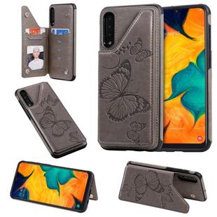 For Galaxy A50 Butterfly Embossing Pattern Shockproof Protective Case with Holder & Card Slots & Photo Frame(Gray)