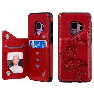 For Galaxy S9 Butterfly Embossing Pattern Shockproof Protective Case with Holder & Card Slots & Photo Frame(Red)