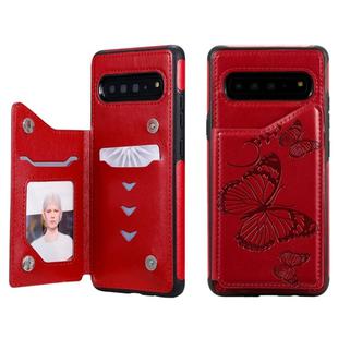 For Galaxy S10 5G Butterfly Embossing Pattern Shockproof Protective Case with Holder & Card Slots & Photo Frame(Red)