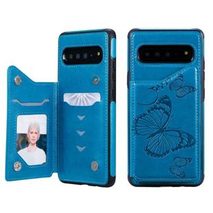 For Galaxy S10 5G Butterfly Embossing Pattern Shockproof Protective Case with Holder & Card Slots & Photo Frame(Blue)