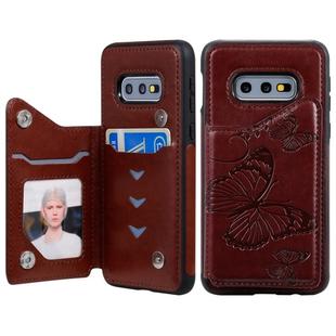 For Galaxy S10E Butterfly Embossing Pattern Shockproof Protective Case with Holder & Card Slots & Photo Frame(Brown)