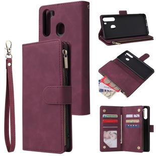 For Galaxy A21 Multifunctional Horizontal Flip Leather Case, with Card Slot & Holder & Zipper Wallet & Photo Frame(Red Wine)
