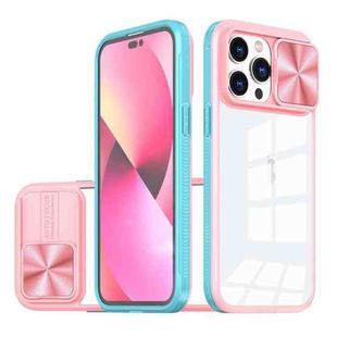 For iPhone 14 Pro 360 Full Body Sliding Camshield Phone Case(Pink Cyan)