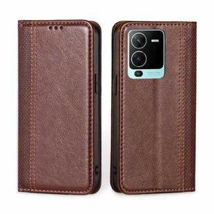 For vivo V25 Pro 5G Grid Texture Magnetic Flip Leather Phone Case(Brown)