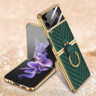 For Samsung Galaxy Z Flip3 5G GKK V-shaped Pattern Electroplated Leather Phone Case with Ring Holder(Dark Green)