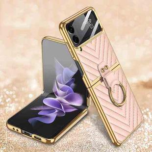 For Samsung Galaxy Z Flip4 GKK V-shaped Pattern Electroplated Leather Phone Case with Ring Holder(Pink)