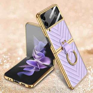 For Samsung Galaxy Z Flip4 GKK V-shaped Pattern Electroplated Leather Phone Case with Ring Holder(Purple)