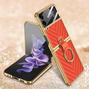 For Samsung Galaxy Z Flip4 GKK V-shaped Pattern Electroplated Leather Phone Case with Ring Holder(Orange)