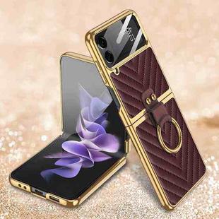 For Samsung Galaxy Z Flip4 GKK V-shaped Pattern Electroplated Leather Phone Case with Ring Holder(Wine Red)