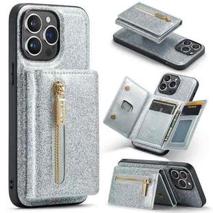 For iPhone 14 Pro Max DG.MING M3 Series Glitter Powder Card Bag Leather Case(Silver)