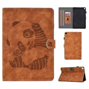 For Galaxy Tab A 10.1 (2019) T510 Embossing Sewing Thread Horizontal Painted Flat Leather Case with Pen Cover & Anti Skid Strip & Card Slot & Holder(Brown)