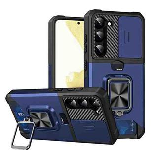 For Samsung Galaxy S23 5G Sliding Camshield Phone Case with Ring Holder & Card Slot(Blue)