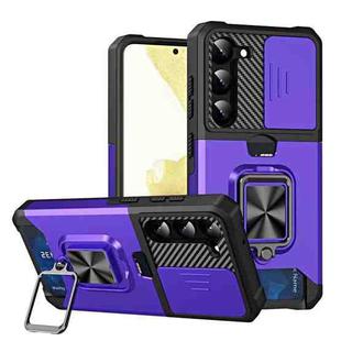 For Samsung Galaxy S23 5G Sliding Camshield Phone Case with Ring Holder & Card Slot(Purple)