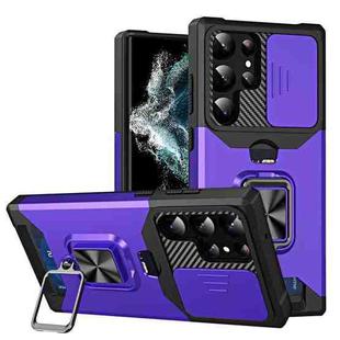 For Samsung Galaxy S23 Ultra 5G Sliding Camshield Phone Case with Ring Holder & Card Slot(Purple)