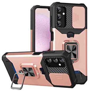 For Samsung Galaxy A14 5G Sliding Camshield Phone Case with Ring Holder & Card Slot(Rose Gold)