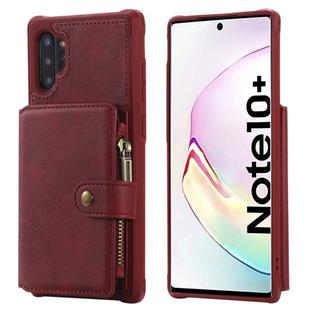 For Galaxy Note 10 Plus Zipper Shockproof Protective Case with Card Slots & Bracket & Photo Holder & Wallet Function(Red)