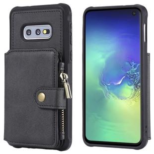 For Galaxy S10e Zipper Shockproof Protective Case with Card Slots & Bracket & Photo Holder & Wallet Function(Black)
