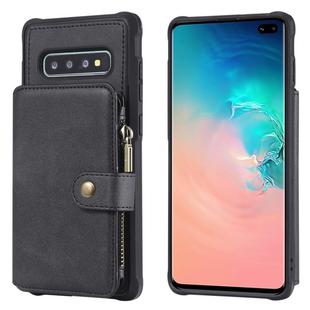 For Galaxy S10 Plus Zipper Shockproof Protective Case with Card Slots & Bracket & Photo Holder & Wallet Function(Black)